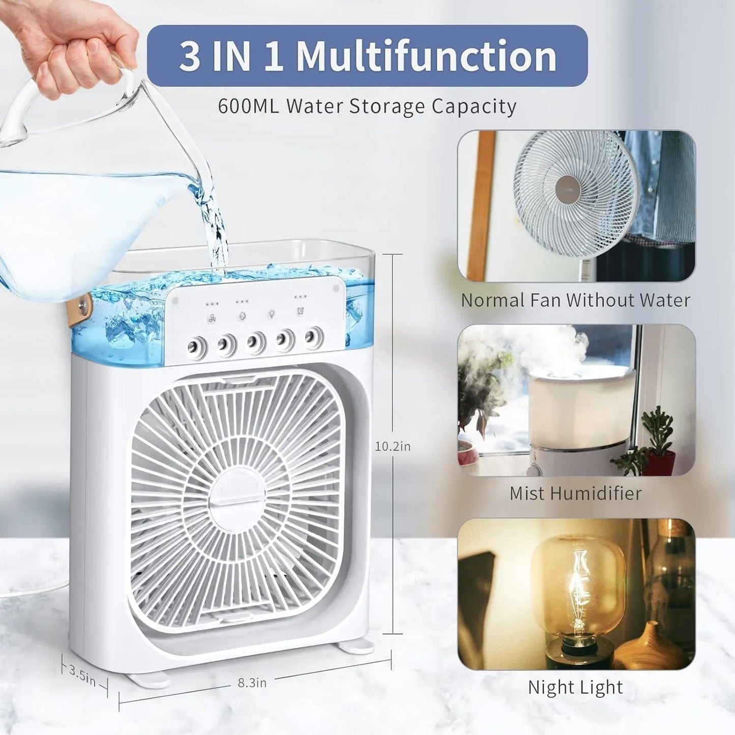Portable 3 in 1 Air conditioner Fan & Cooler - Instant Cooling for Home, Office & Car